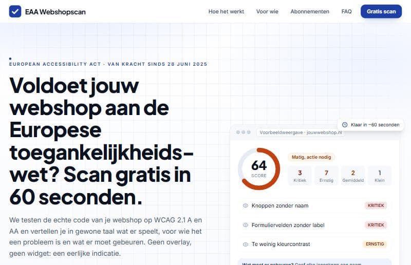 Voorbeeld van EAA Webshopscan: een score van 64 uit 100 met de belangrijkste toegankelijkheidsproblemen